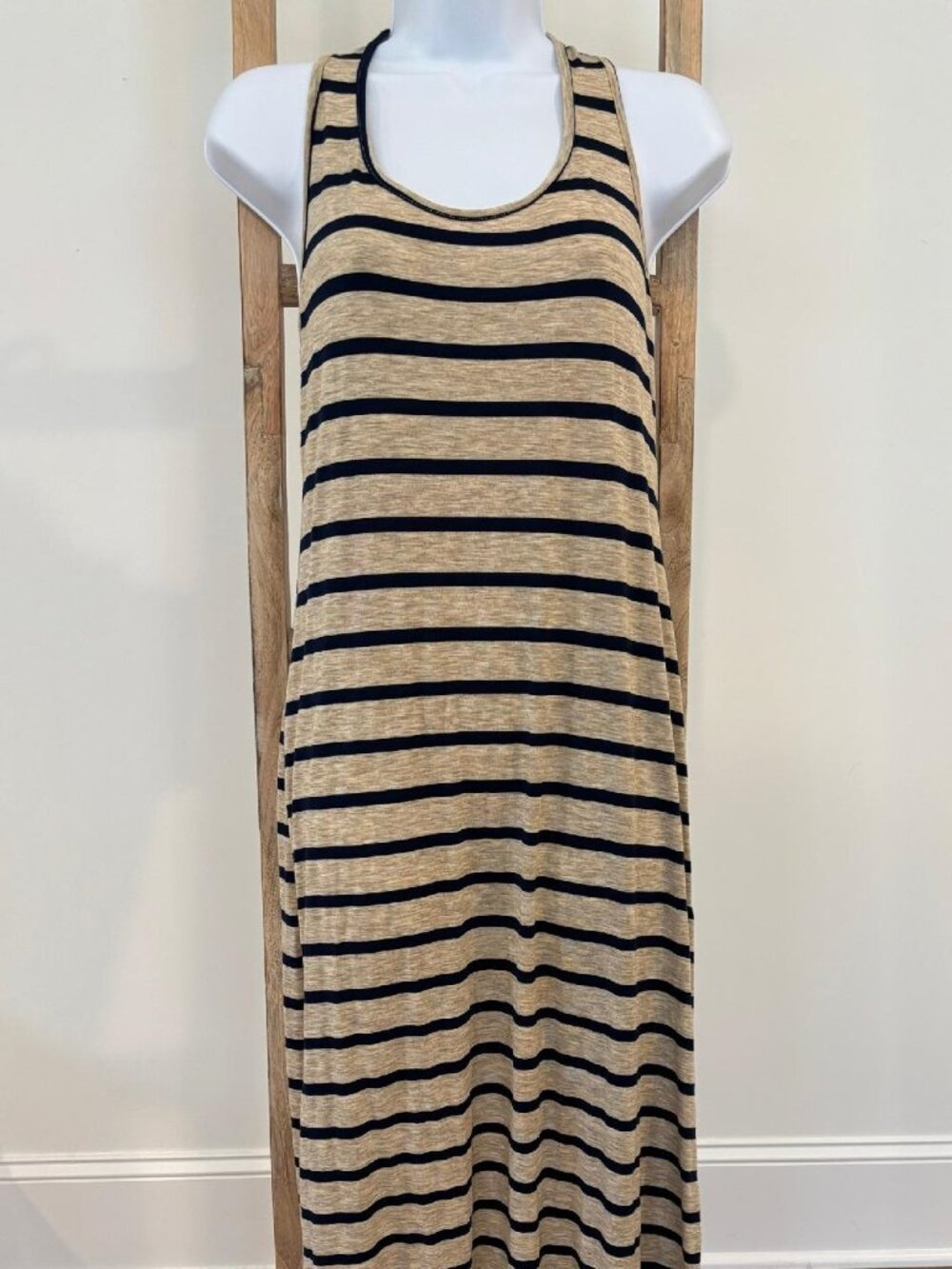 Foreign Exchange Racerback Tank Maxi Dress - Khaki w/ Navy Stripe